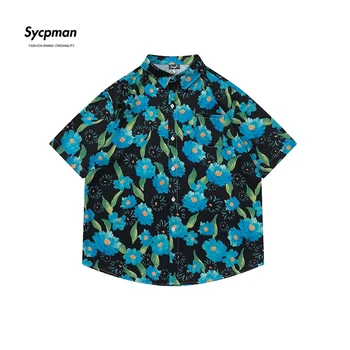 Мъжки Ризи с Къс ръкав и Цветна Ретро Принтом Sycpman Harajuku Wind, Свободна Универсална Риза за Двойки, Ежедневни Дрехи за Лятото