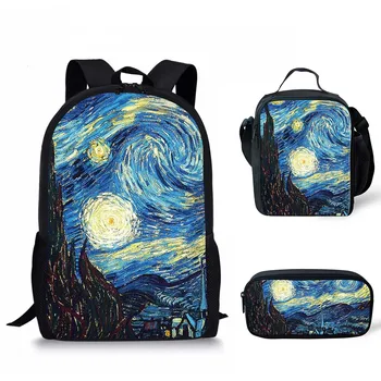 Набор от училищни чанти 3шт, Прочутата картина с маслени бои на Ван Гог, Момчета, Момичета, Детски Случайни Раница, Студентски чанта за книги, чанта за обяд, чанта за моливи