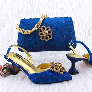Нова дамска чанта-тоут за възрастни кралския син цвят, зашити в тон, комплекти дамски обувки и чанти за партита на висок ток в Нигерия стил