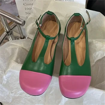 Нови дамски обувки Mary Jane в контрастен цвят с кръгла пръсти в Ретро стил, Oxfords с каишка на щиколотке, дамски ежедневни лоферы-балет апартаменти