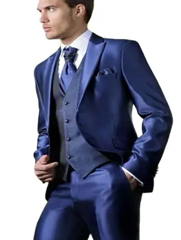 Ново записване, Сини сатенени мъжки костюми, направени по поръчка оборудвана Блейзър за сватба, палто с ревера облекло за младоженеца-3 бр. яке + жилетка + панталони