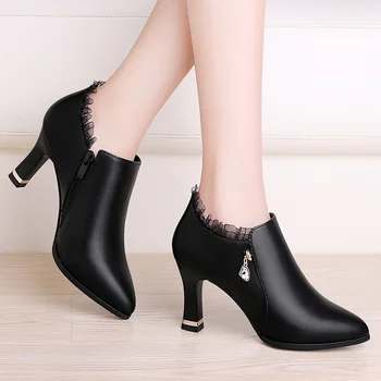 Обувки на висок ток 2023, пролетно-есенна дамски обувки на висок ток с остър пръсти от естествена кожа, Професионална дамски обувки на висок ток