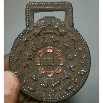 окачване-амулет от древната тибетска бронз 6 см, година на 12 знака на Зодиака, осем графики, живопис