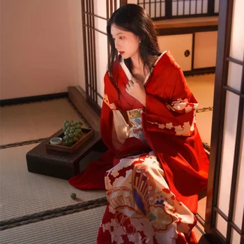 Пижама в източния японски стил Харадзюку за жени и момичета, Червено Цвете Кимоно, Юката, Дълга рокля, Свободна Секси пижами, Домашно облекло