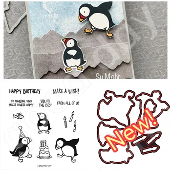 Пингвин празнува Рожден Ден, прозрачни печати или метални щанци за рязане, комплекти за производство на пощенски картички със собствените си ръце, scrapbooking 2023, Ново записване