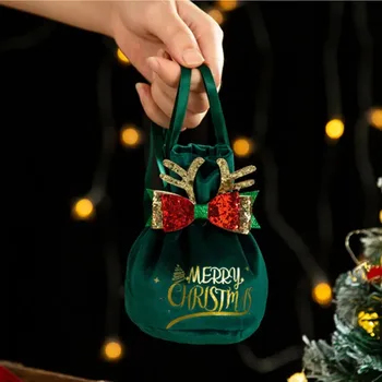 Подарък чанта на Дядо Коледа от 2 теми, Нова, с оленьими рога, с пайети, чанта за бонбони, с лък, чанта за ябълки, весела Коледа