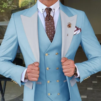 Светло сини смокинги за младоженеца, мъжки костюм, оборудвана костюм от 3 теми, костюми за кума, сватбени партита, ушити по поръчка по индивидуална заявка (блейзър + жилетка + панталони)