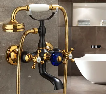 Стенен набор от смесители за баня и душ, Златен Черен Смесител за вана, Баня, Студена Топла вана, смесител за душ, Месинг