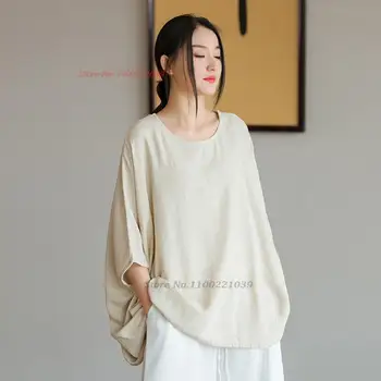 традиционната китайска реколта свободна блуза 2023, националната подобрена в памучна блуза, бельо за медитация, дзен, етническа блуза ханфу с кръгло деколте
