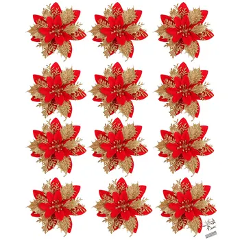 Червена коледна звезда, изкуствени коледни цветя, украса, елхи за Коледа, сватба, декорация във формата на венец, 12 бр., 5.5 инча