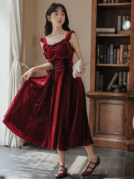 Червени кадифени рокли във френски ретро стил, за елегантните жени, есента модно рокля без презрамки с рюшами и каишка, Уважаеми Vestidos Mujer