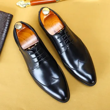 Черни Бордо Италиански Мъжки Модел обувки-oxfords от естествена Кожа, дантела, Мъжки обувки за Сватба, Вечерни Официални Обувки с Перфорации тип 