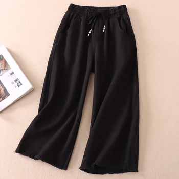 Широки панталони от стираного памук, деним за жени, широки капри черен цвят със свободните полета
